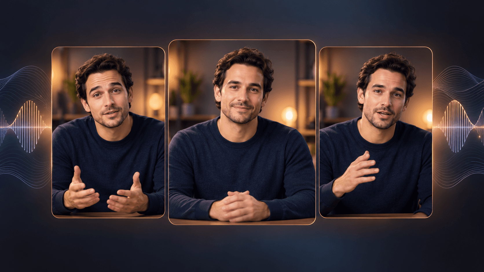 Illustrative frames of a fictional presenter and abstract audio waveforms; not a generated video.