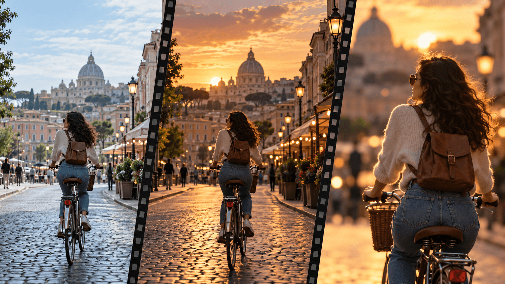 Illustrative progression of a fictional bicycle scene through different edits; not proof of tool performance.