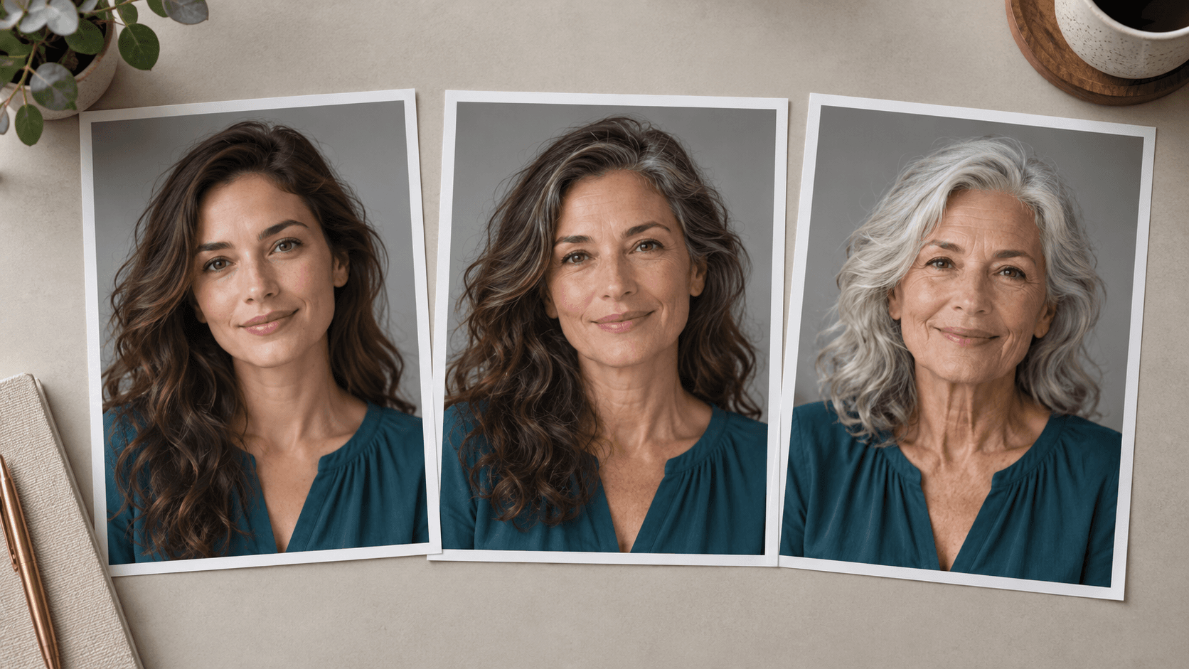 Adult age-direction portrait studies arranged on a neutral desk