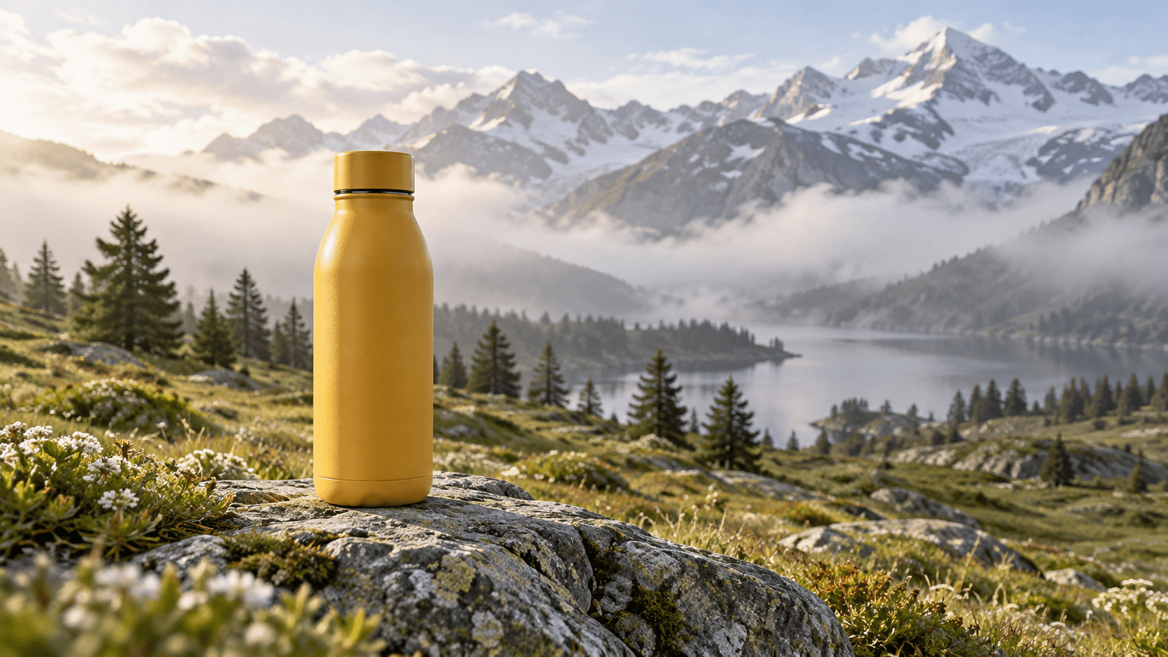 Product-in-scene blend concept with an insulated flask in an alpine setting