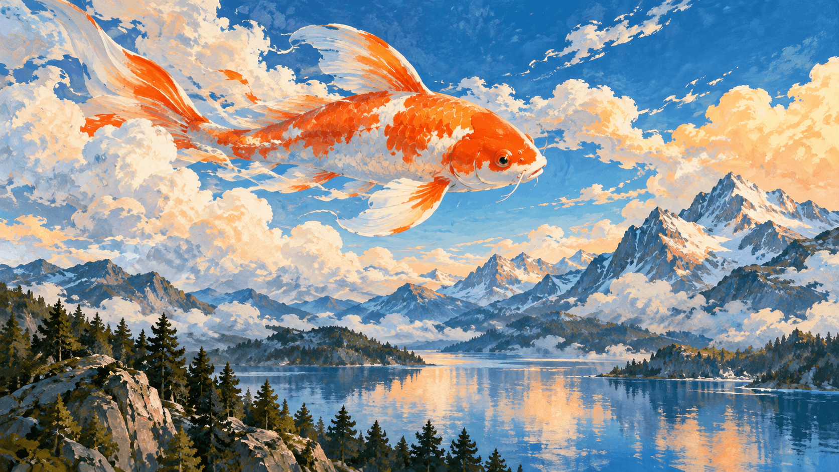 Editorial blend concept combining a fish and a cloud landscape