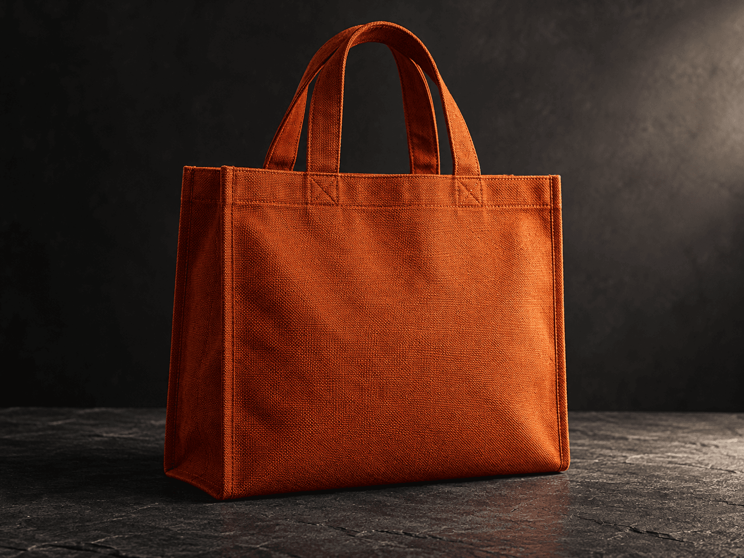 Rust-orange canvas tote on dark slate with controlled side light