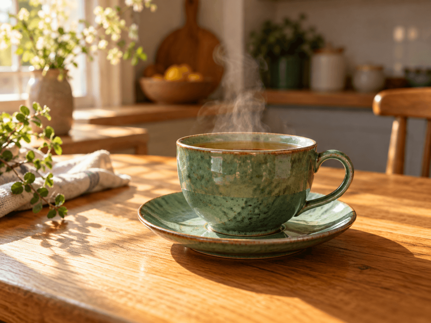 Jade-green teacup on warm oak with afternoon window light