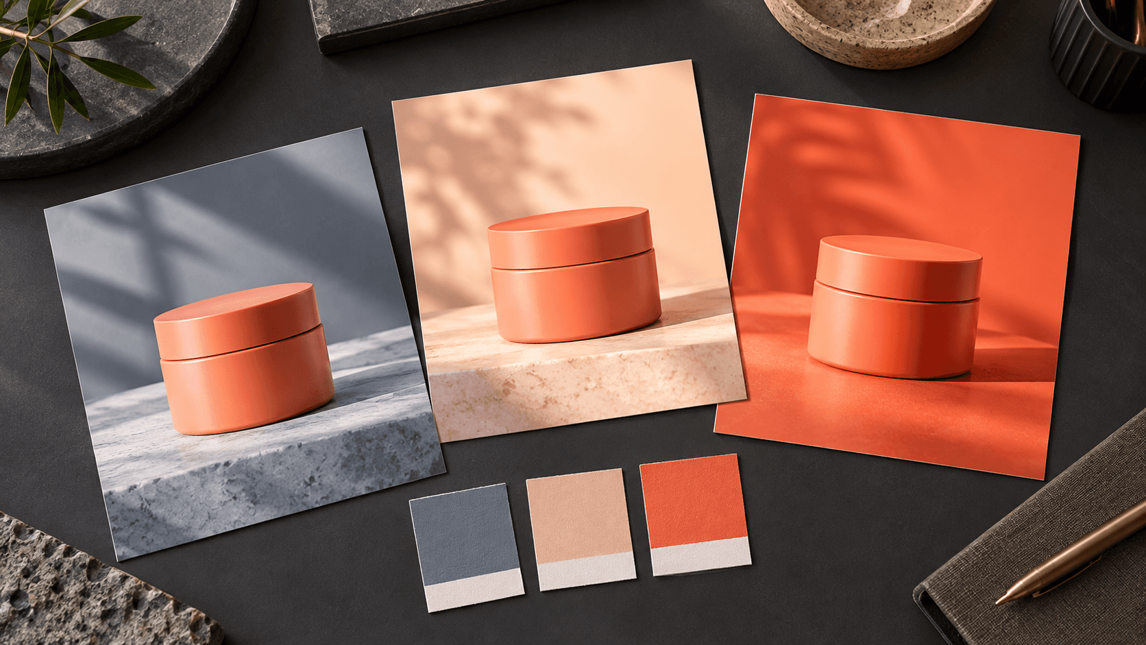 Coral cosmetic jar campaign studies compare background and lighting palettes
