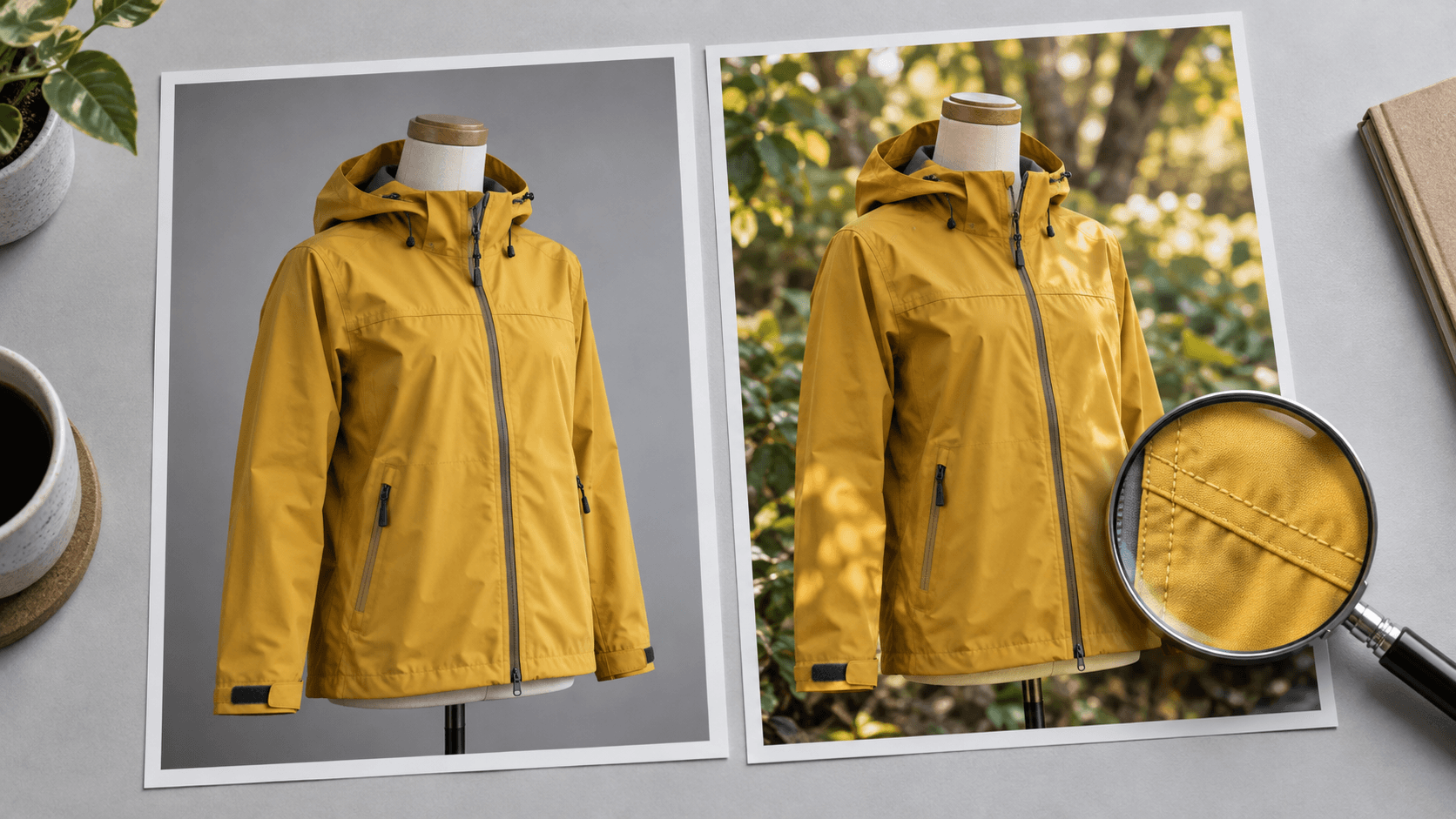 Side-by-side rain jacket photographs with a magnifying glass for reviewing stitching and shape