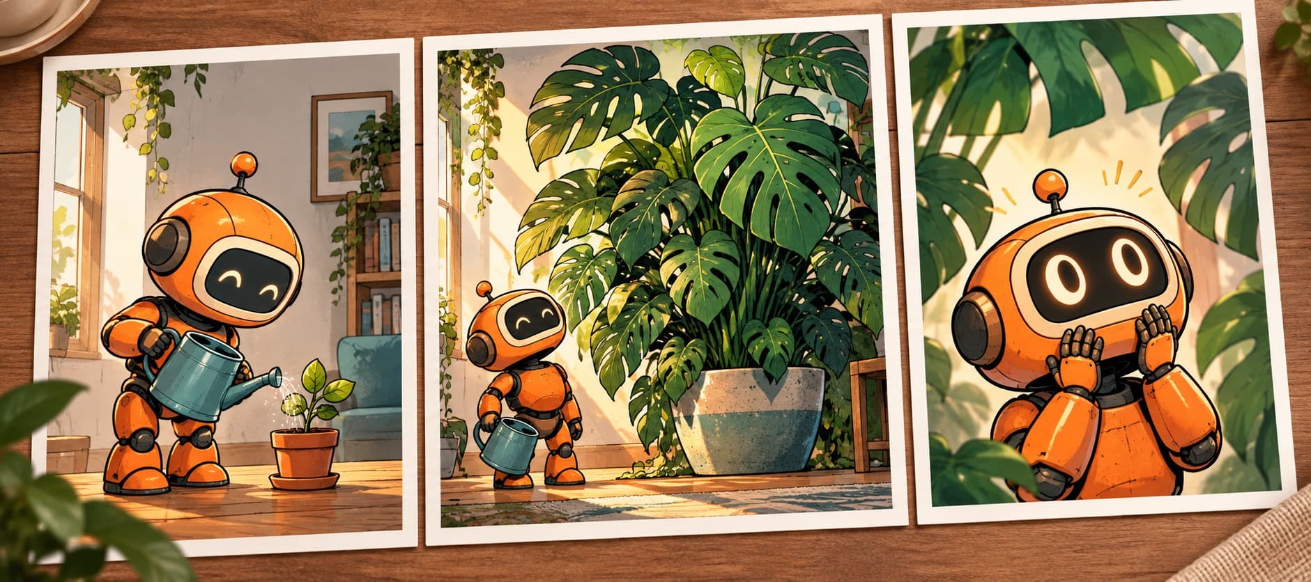 Concept comic strip with three panels of an orange robot tending a small plant