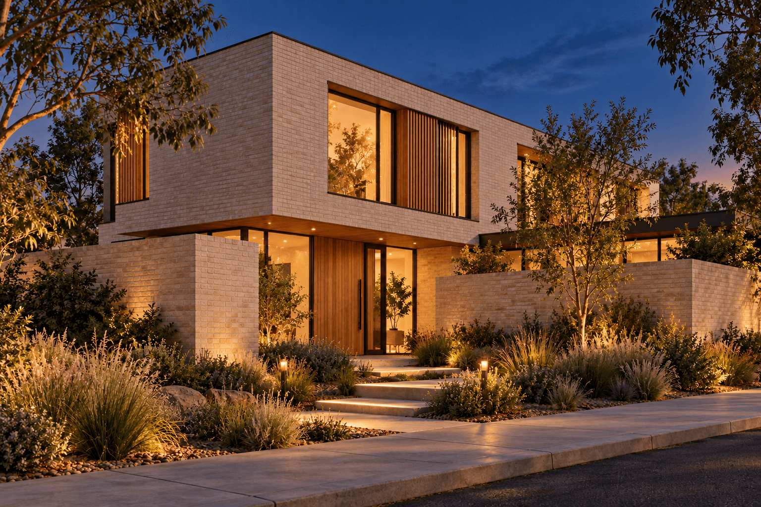 Concept illustration of a courtyard home with warm windows at twilight