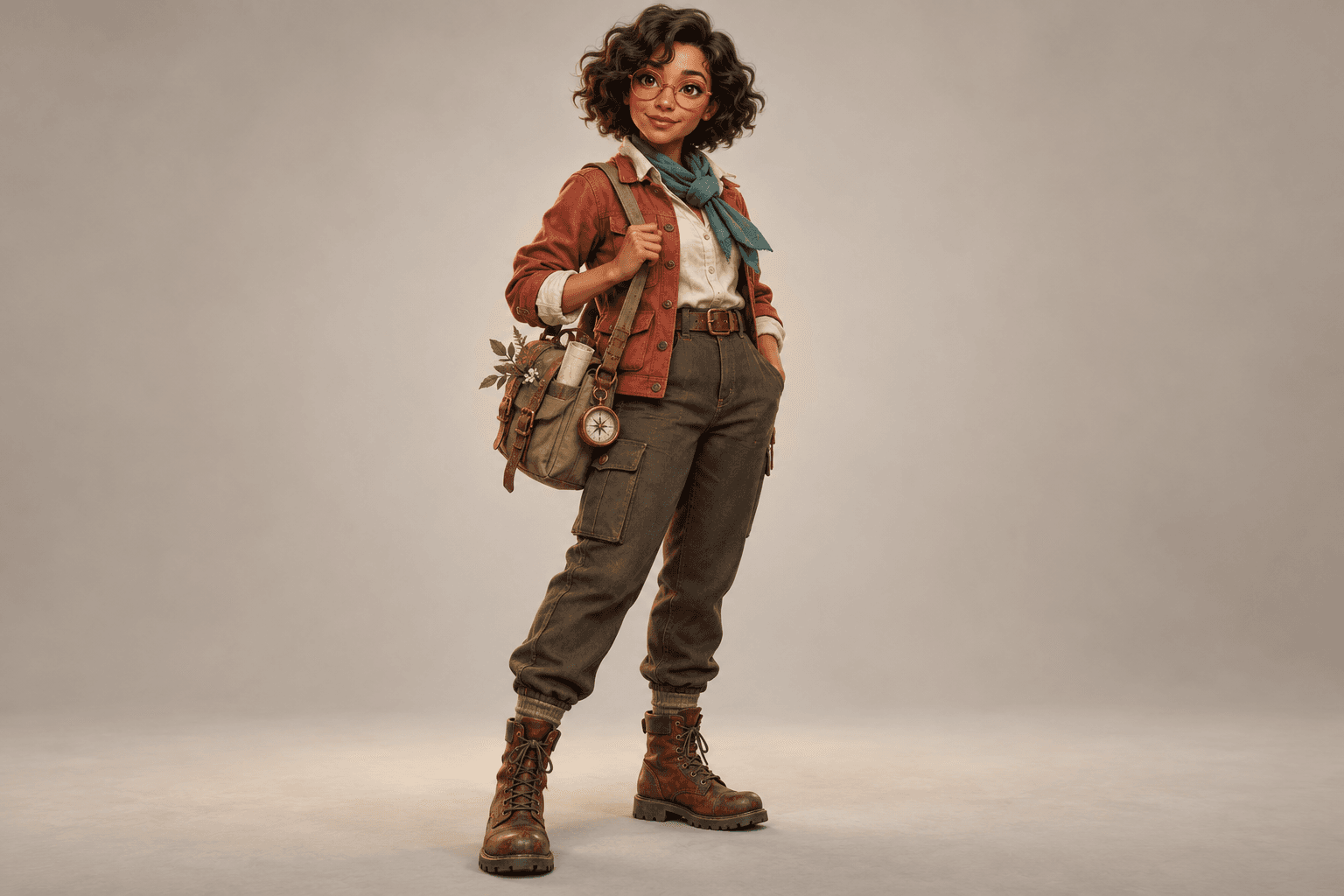 Fictional botanical explorer reference with curly hair, round glasses and a rust jacket