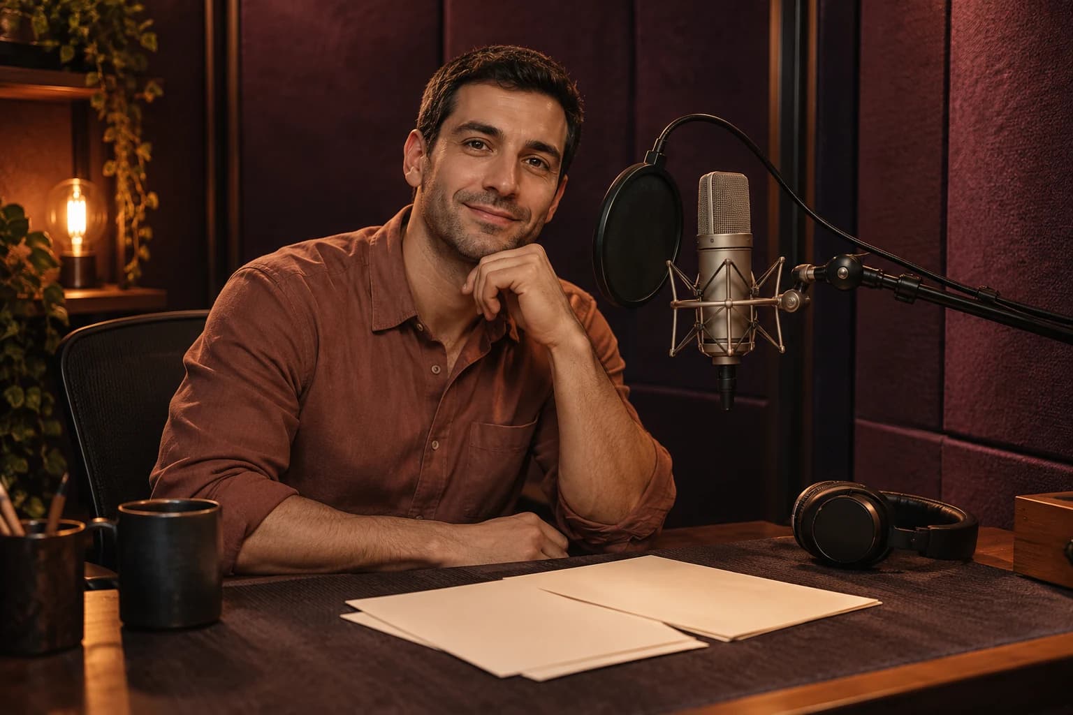 A fictional narrator reading in a softly lit studio booth with a microphone and blank script pages. Concept artwork; not an audio generation.