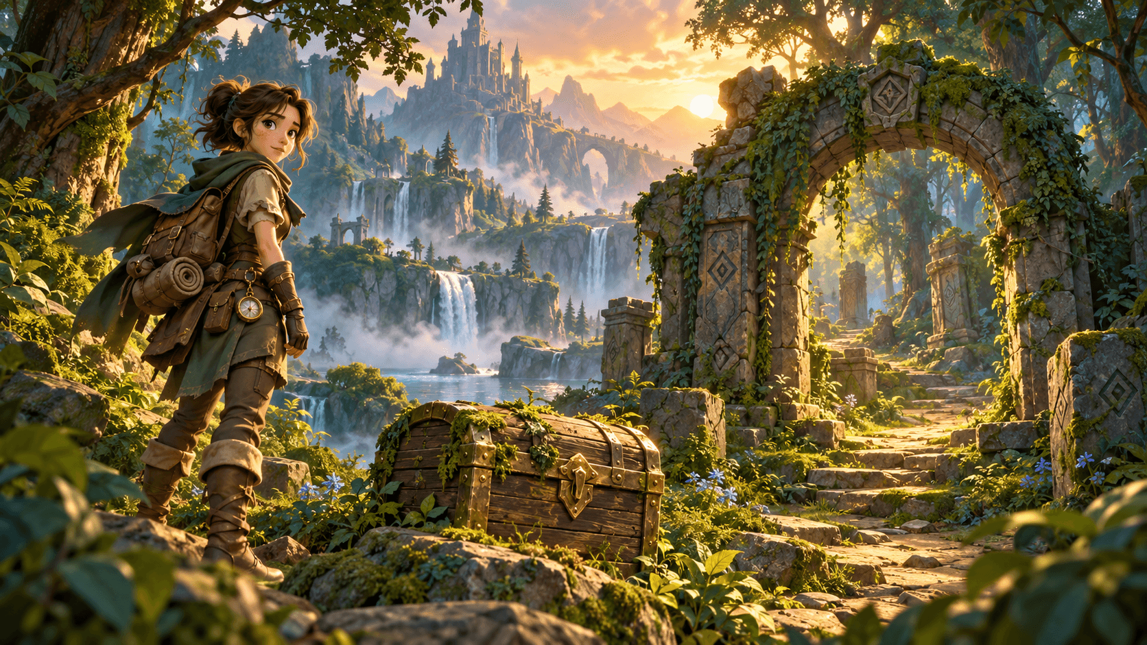Illustrative fantasy game concept scene with an explorer, treasure chest, and forest ruins.