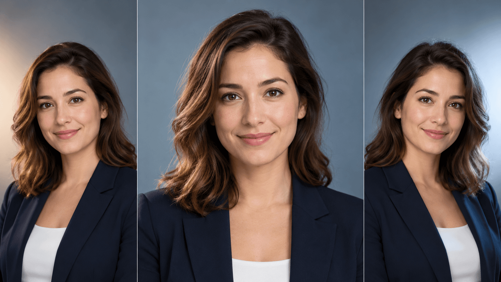 Illustrative portrait study of a fictional professional with three lighting and framing variations.