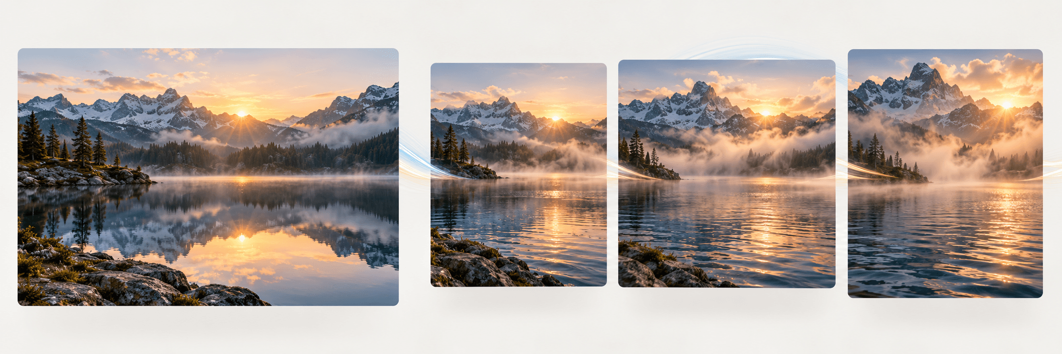 Illustrative storyboard showing a mountain lake still progressing into frames with mist and water motion.