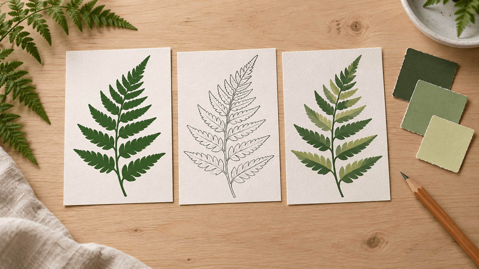 Comparing fern studies in flat, outline and limited-palette styles