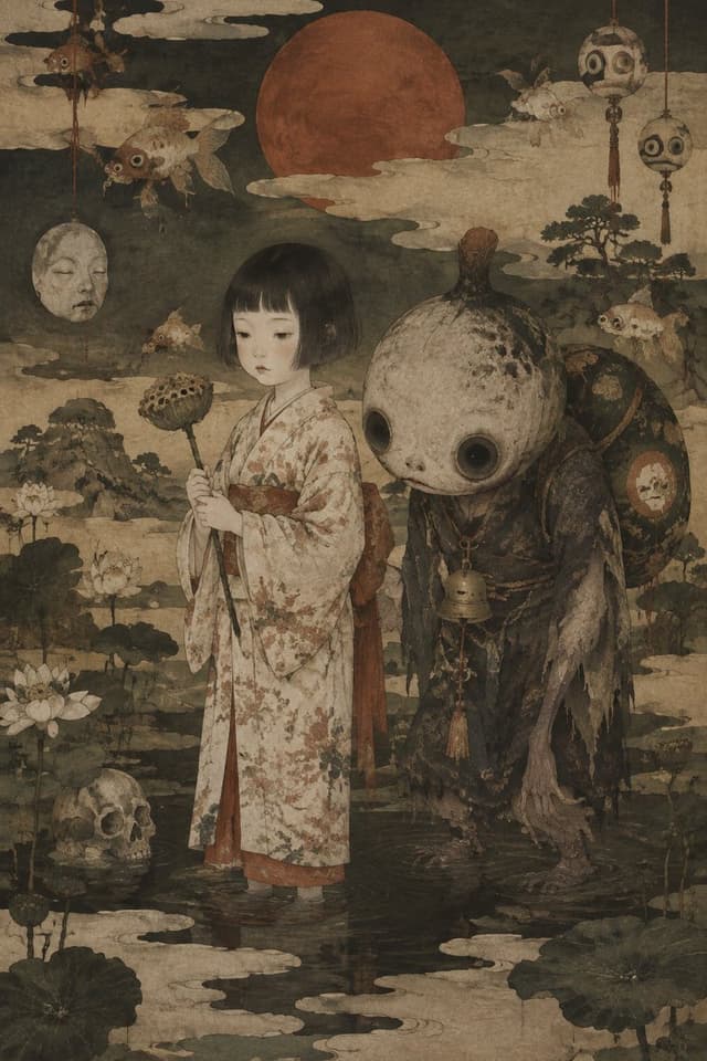 Girl and Yokai in Pond — output 1