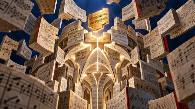 Gothic Cathedral Built of Floating Sheet Music — output 1