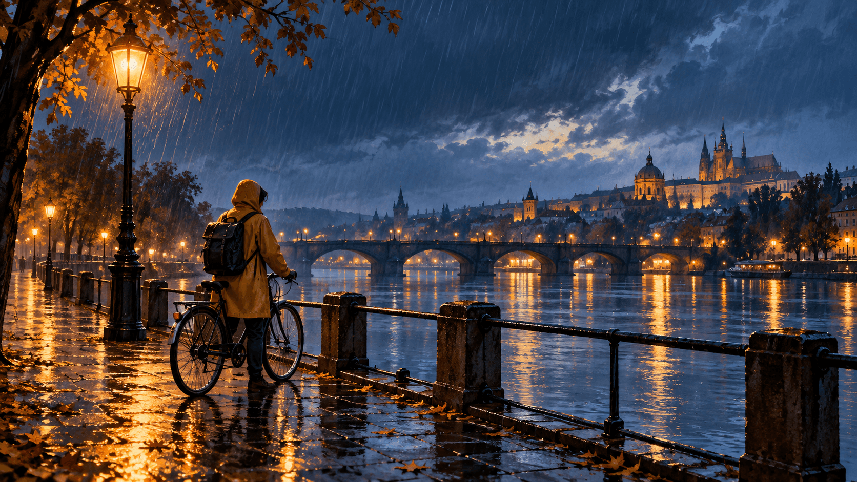 Storyboard scene exploring a cyclist, rain and street lighting