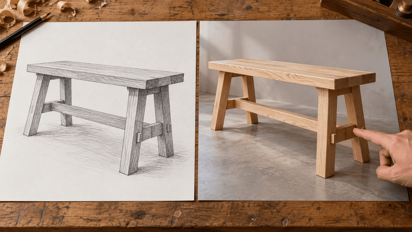 Comparing bench shape and leg placement across a sketch and rendering