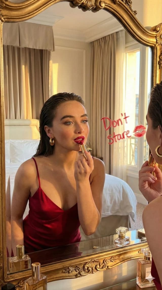Cinematic Portrait of a Woman Applying Red Lipstick in a Mirror — output