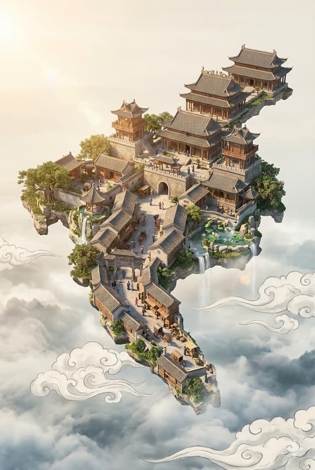 Floating Sky Castle Digital Art Poster Prompt — output