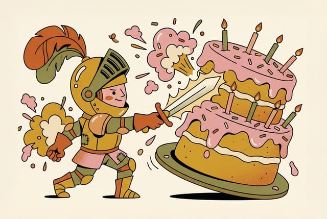 Poster / Flyer - Tiny Medieval Knight vs. Towering Pink Birthday Cake — output