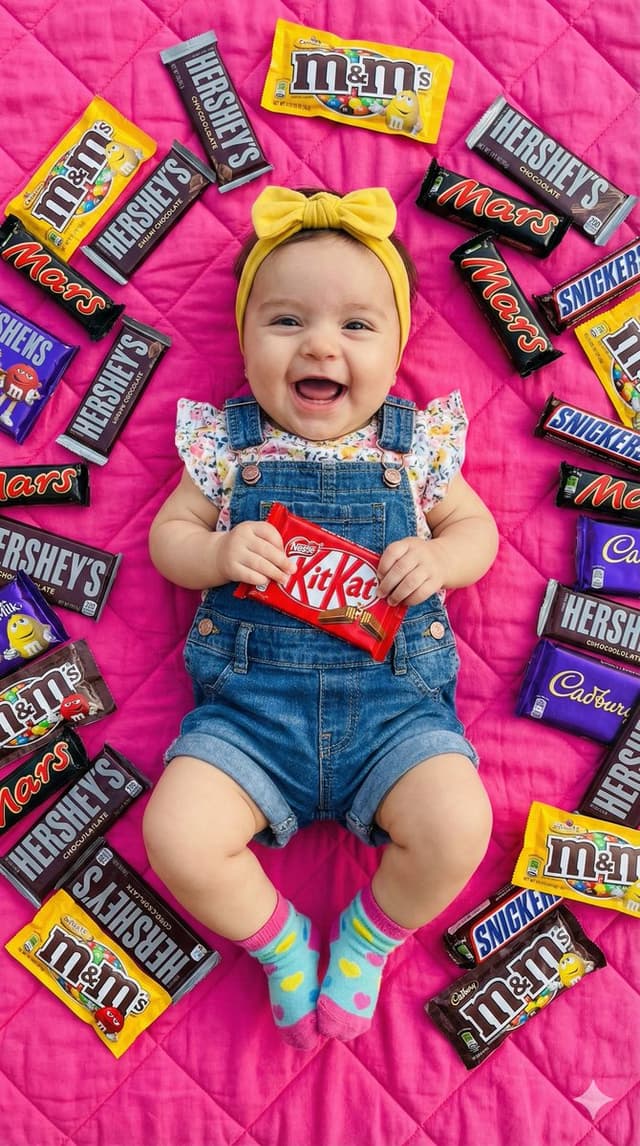Ultra-Realistic Flat Lay of Baby with Chocolate Brands — output