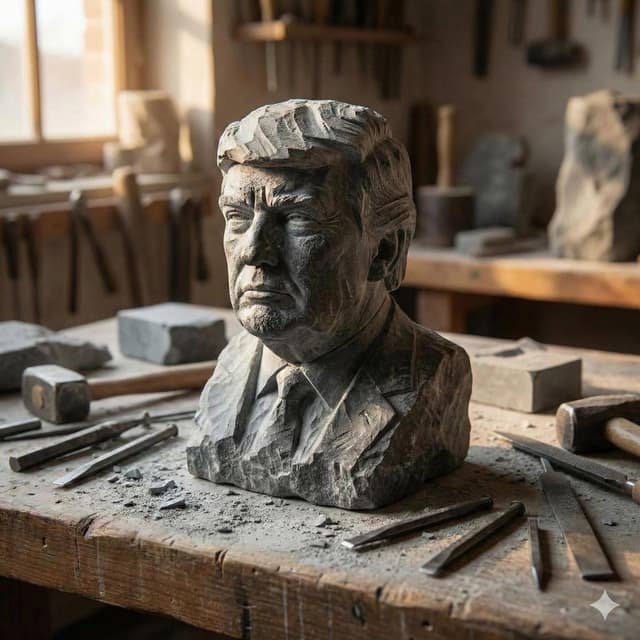 Stone-carved statue on a sculptor's workbench prompt — output