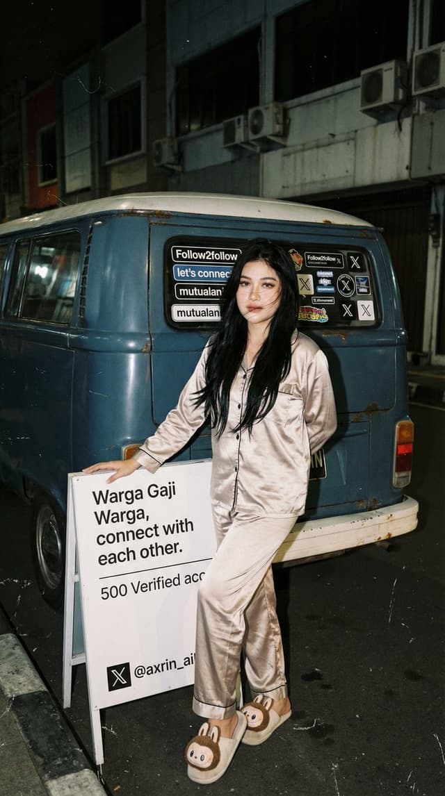 Social Media Post - Analog 35mm Flash Photo of Woman by VW Combi Van at Night — output