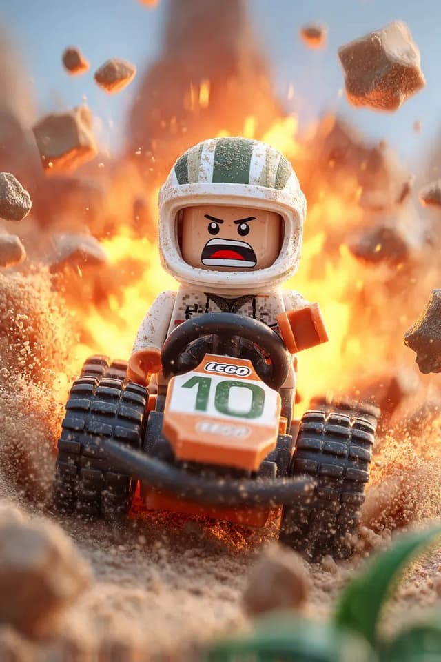 Comic / Storyboard - Lego Racer on Exploding Volcano Slope — output