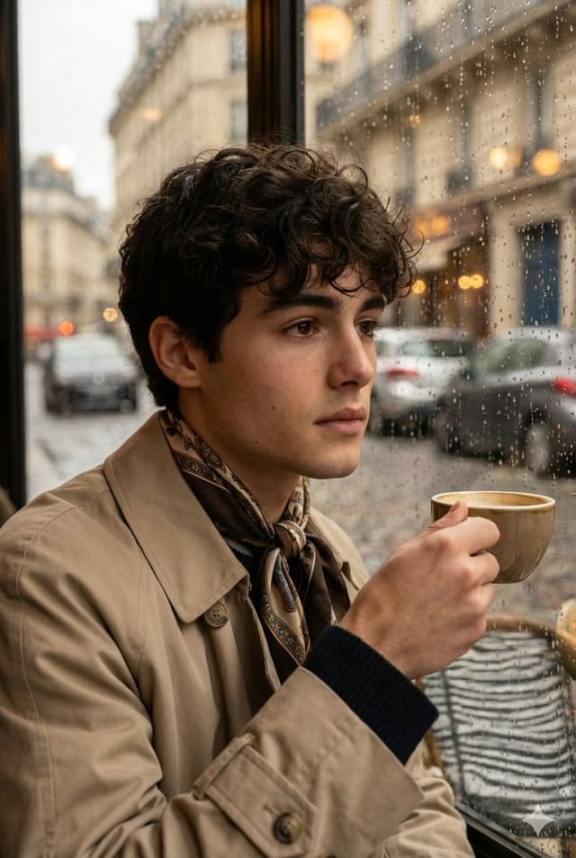 Ultra-realistic cinematic portrait through a rain-soaked café window — output