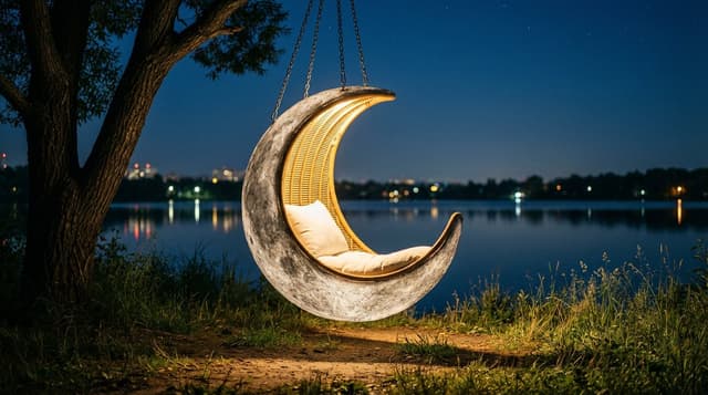 Cinematic lakeside hanging chair concept prompt with space object theme — output