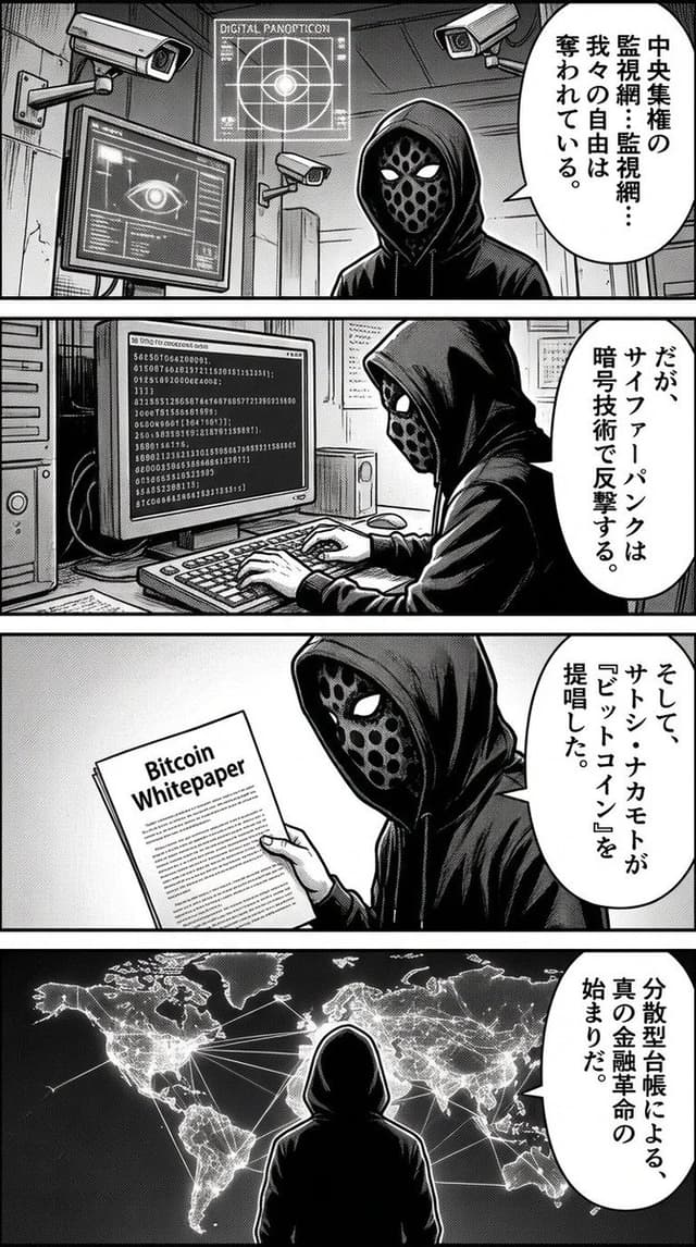 Four-panel manga about Bitcoin from cypherpunk view — output