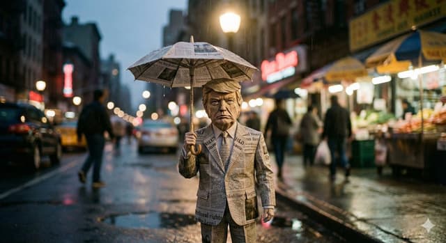 Cinematic Still-Life of Paper Celebrity Figure in Rain — output