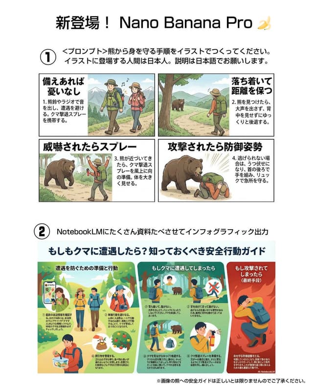 Bear safety instruction illustration in Japanese — output
