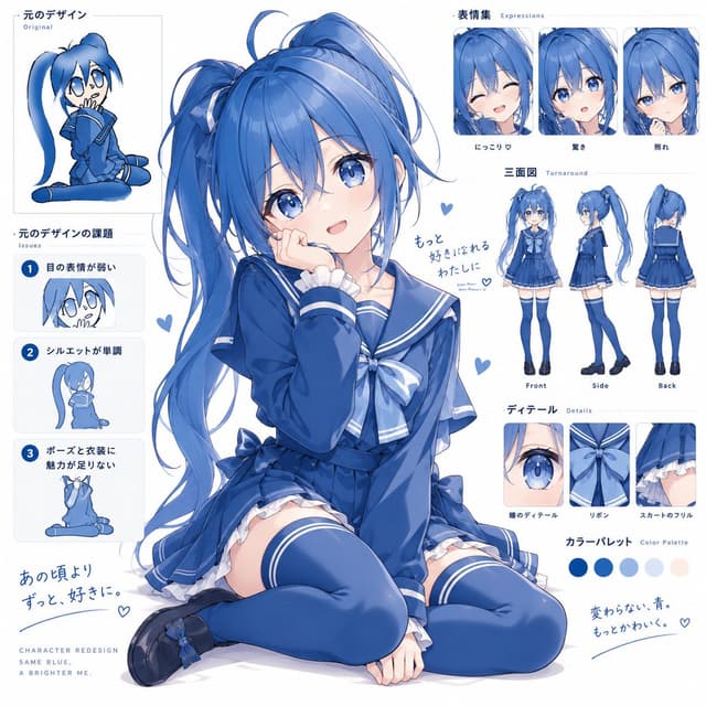 Comic / Storyboard - Blue Anime Character Redesign Sheet — output