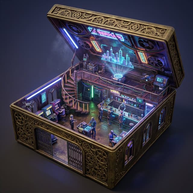 Game Asset - Ornate Box Diorama Prompt (Cyberpunk Pub) — output