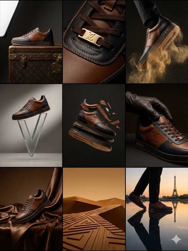 E-commerce Main Image - Louis Vuitton Sneaker Editorial Grid (9-Panel Concept) — output