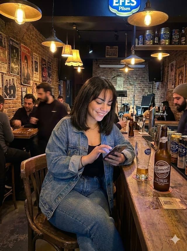 Social Media Post - Candid Bar Scene with Phone and Beer Details — output