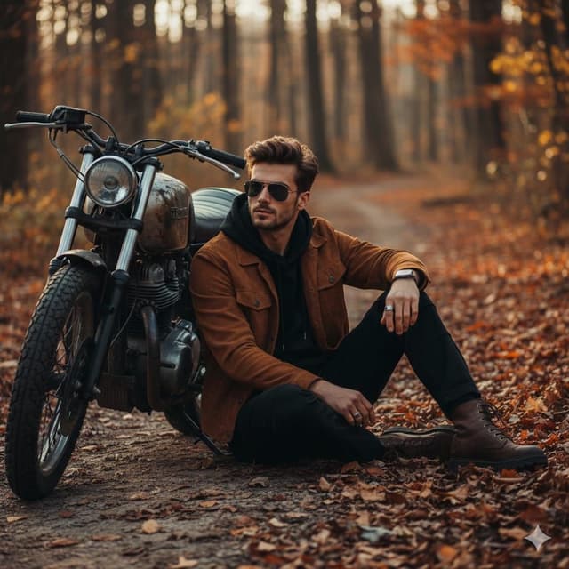 Cinematic Autumn Portrait of Man with Vintage Motorcycle — output
