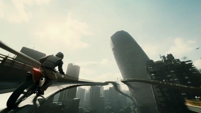 Motorcycle Rider Defying Collapsing Skyscraper — cover
