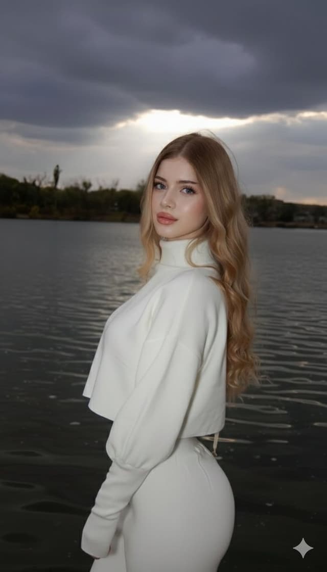 Cinematic Lakeside Fashion Portrait Prompt (Golden Hour) — output