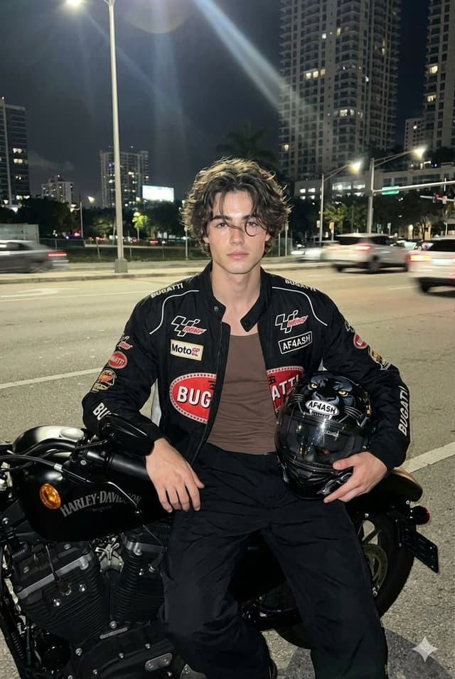 Nighttime Motorcycle Photo with Face Replacement Prompt — output