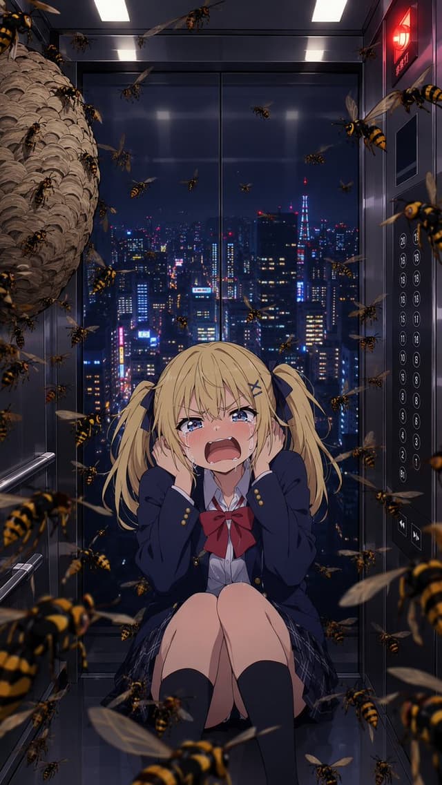Comic / Storyboard - Terrified Anime Girl in Wasp-Filled Elevator — output