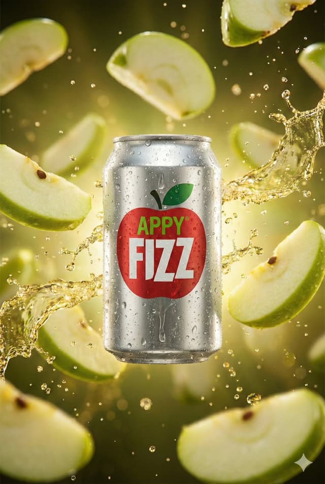 E-commerce Main Image - Hyper-realistic cinematic product shot of Appy Fizz can with exploding apple slices — output