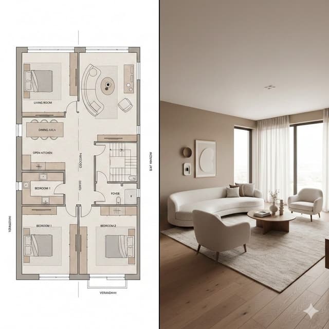 Prompt for Generating Architectural Floor Plan and Photorealistic Interior Comparison — output
