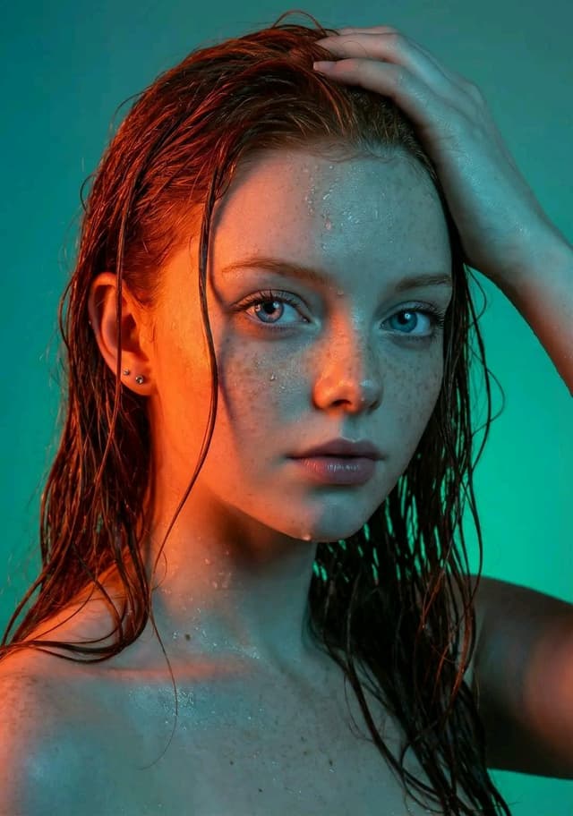 Dramatic Neon Portrait with Wet Hair and Color Contrast — output