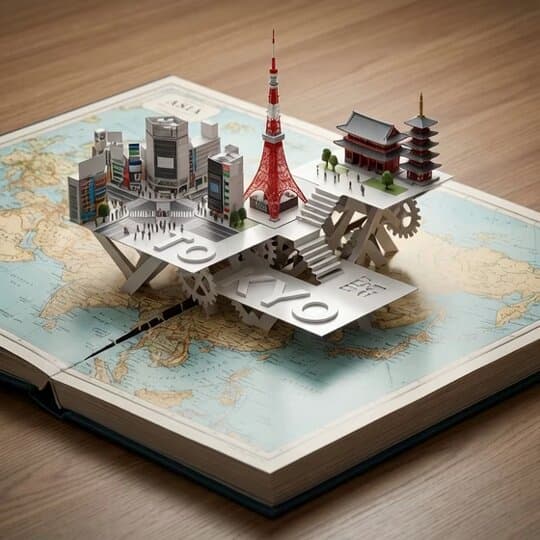 Product photography prompt for a Tokyo pop-up atlas scene — output