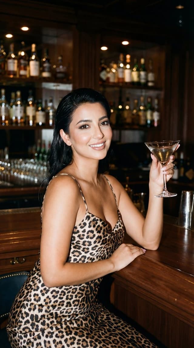 Social Media Post - Photoreal Luxury Bar Portrait (Leopard Dress) — output