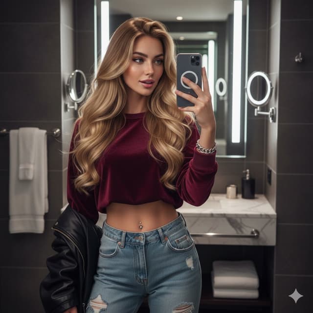 Profile / Avatar - Hyper-detailed mirror selfie of a young woman in luxury bathroom — output