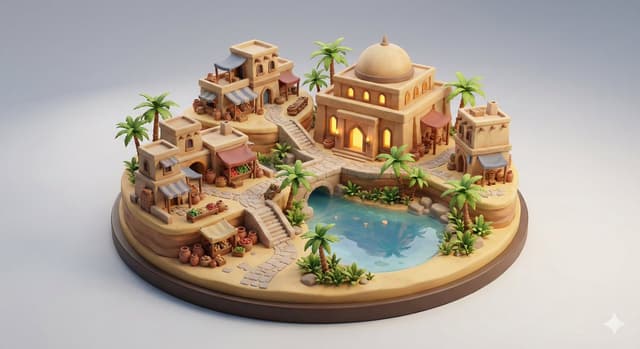 Game Asset - Collectible Miniature Diorama of a Developed Desert Oasis Settlement — output
