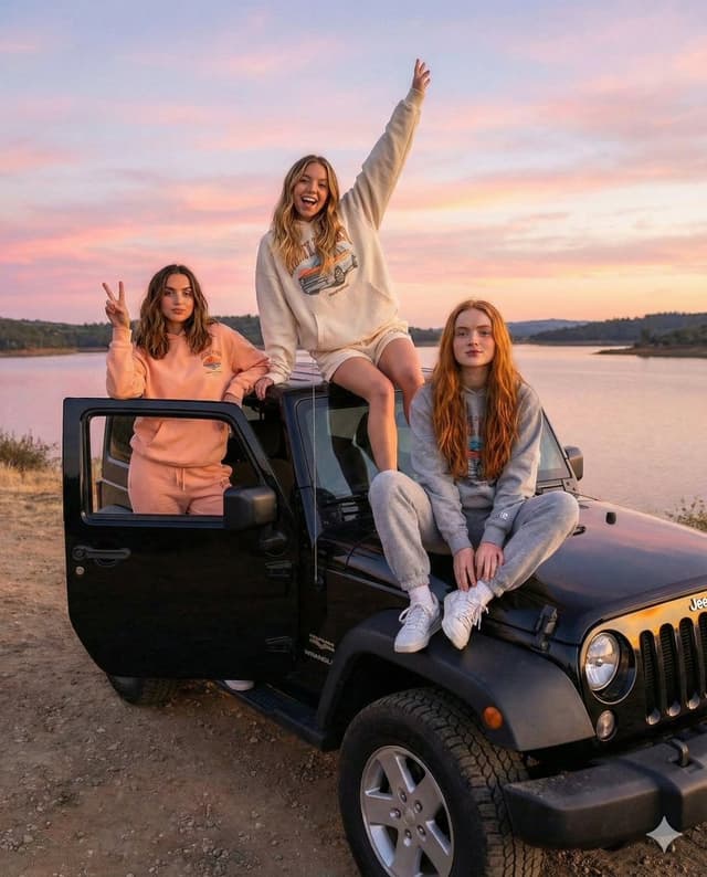 Road Trip Aesthetic with Three Subjects and Jeep — output